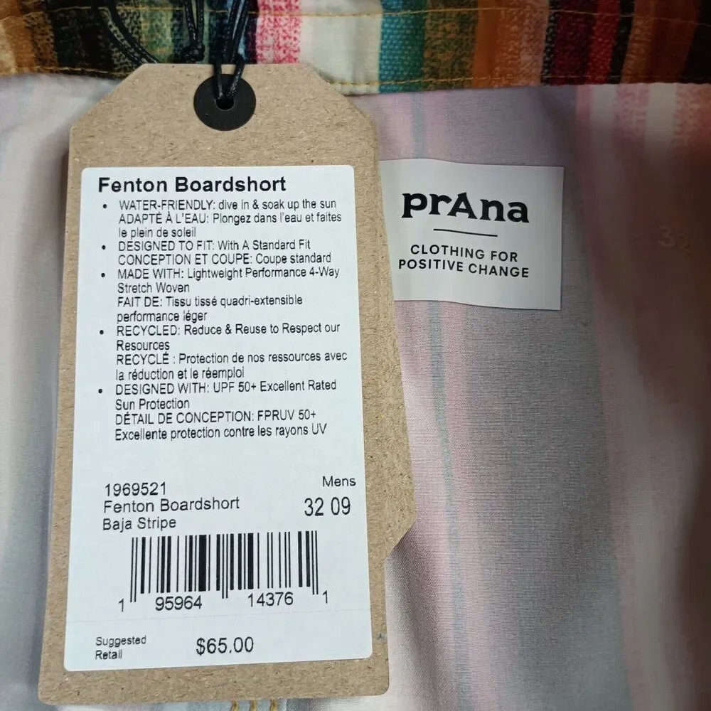 Prana Board Shorts Swim Fenton Baja Striped Colorful 1969521 Men's‎ 32 9
